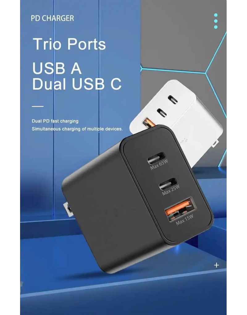 Kućni punjač Eima EM01 65W 2xPD 25W/65W 1xUSB+Type C na Type C crni - 1 Kućni punjač Eima EM01 65W 2xPD 25W/65W 1xUSB+Type C na Type C crni - 1