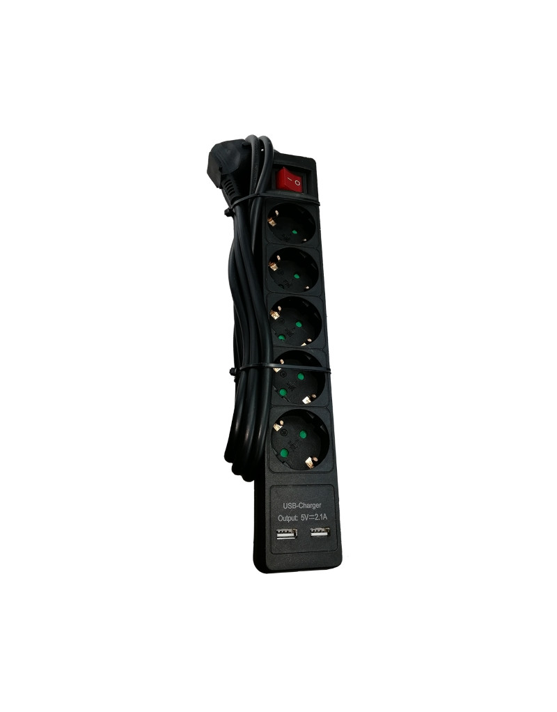 Kabl naponski produžni 5 x šuko + 2xUSB 2m sa prekidacem i zaštitom (crni) E-GREEN - 1
