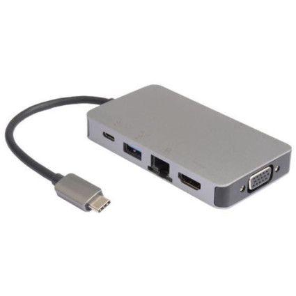 Adapter USB 3.1 tip C (M) - HDMI + VGA + 2xUSB 3.0 + RJ45 + tip C (F) beli E-GREEN - 1