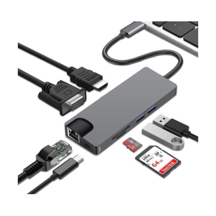 Adapter USB 3.1 Tip C (M) - HDMI+VGA+2X 3.0 USB + tip C + SD (F) + RJ45 E-GREEN - 1