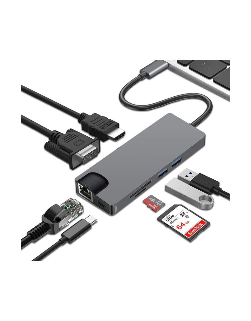 Adapter USB 3.1 Tip C (M) - HDMI+VGA+2X 3.0 USB + tip C + SD