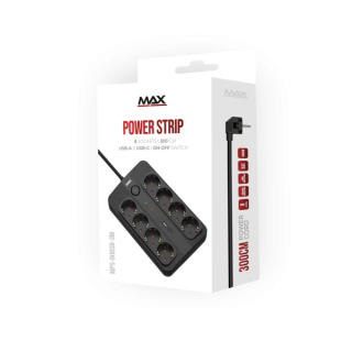Produžni kabl sa prenaponskom zaštitom sa 8 utičnica MAX MPS-908SB-3M/3m/USB A & USB C port