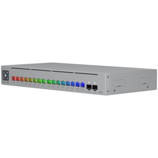 Ubiquiti 16-port, Layer 3 Etherlighting switch with 2.5 GbE, PoE++ output, and versatile mounting options, 4x 2.5 GbE PoE++ ports, 12x GbE PoE+ ports, 2x 10G SFP+ ports, 180W total PoE availability